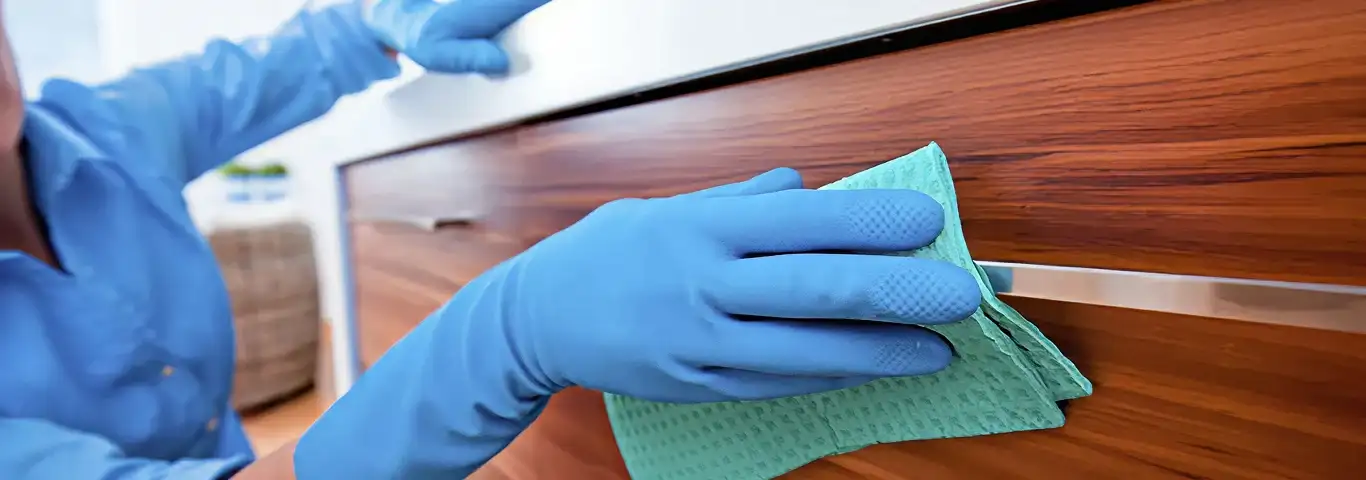 Cleaner wearing blue gloves wiping a wooden cabinet drawer with a microfiber cloth for dust and grime removal, Overland Park, KS.