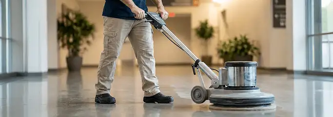 Professional technician using an industrial floor buffer to polish and maintain shiny commercial flooring in a corporate hallway in Overland Park, KS.
