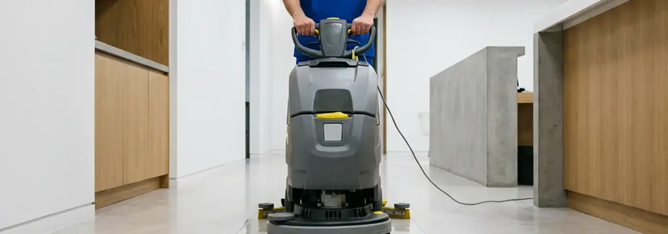 Janitorial staff using a floor scrubber machine to clean a commercial hallway, Overland Park, KS.