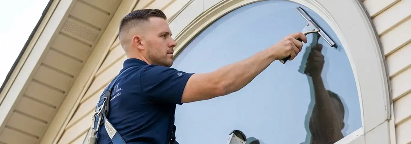 Professional window cleaner using a squeegee to clean an exterior arched window on a home, Overland Park, KS.