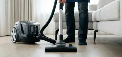 Professional house cleaner vacuuming a living room floor with a canister vacuum cleaner, Overland Park, KS.