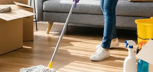Move-out cleaning setup with a cleaner mopping hardwood floors near moving boxes and cleaning supplies, Overland Park, KS.