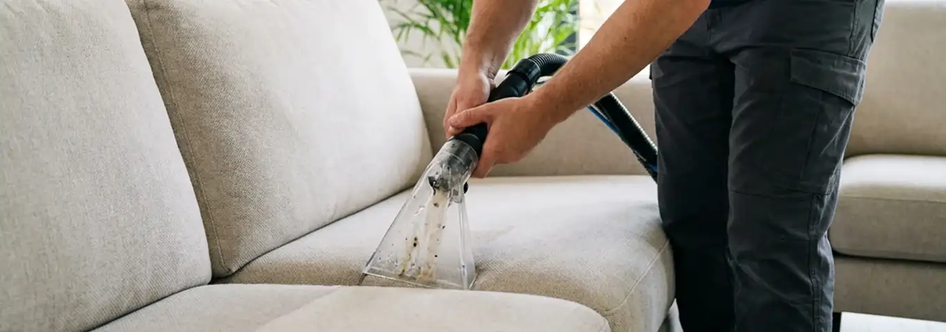 Technician extracting dirt and moisture from a fabric sofa with an upholstery cleaning wand, Overland Park, KS.