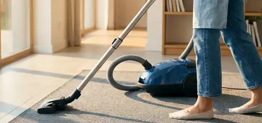 Person vacuuming a living room rug with a canister vacuum cleaner near large windows, Overland Park, KS.